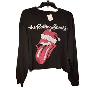 Rolling Stones Christmas Sweatshirt Black‎ Cropped Tongue Logo Womens Large NWT